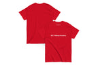 Front and back of a red t shirt. The front reads "QC Makeup Academy"