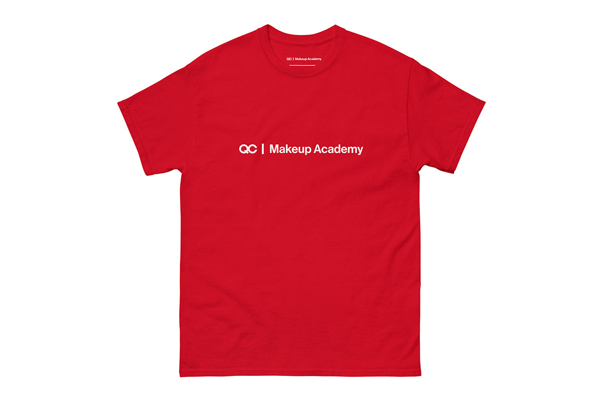 Red t-shirt with 'QC Makeup Academy' text on a white background