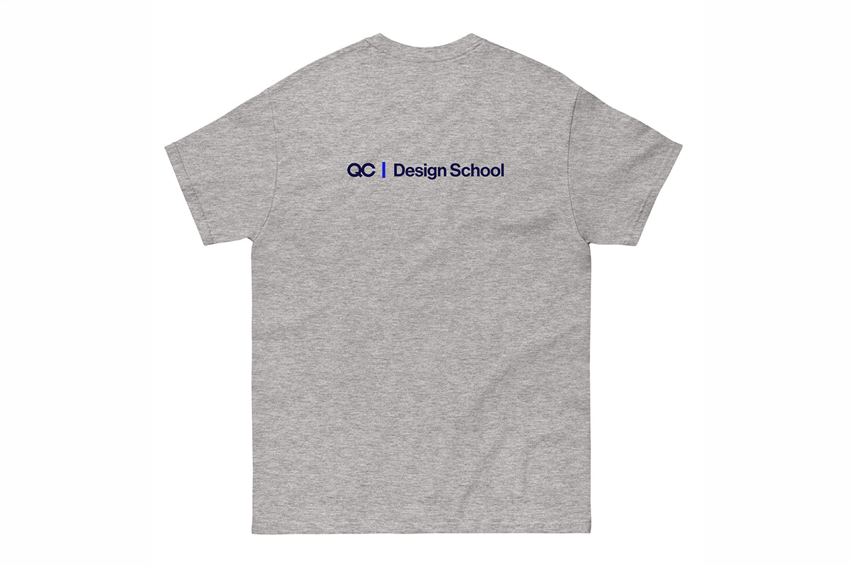 Gray t-shirt with a QC Design School logo against a white background