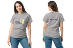 Person wearing a gray t-shirt with text and a QC Pet Studies logo, showing front and back views.