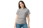 Woman wearing a gray t-shirt with a Q logo on a white background
