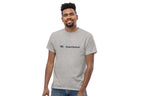 Man wearing a gray t-shirt with 'QC Event School' logo on a white background