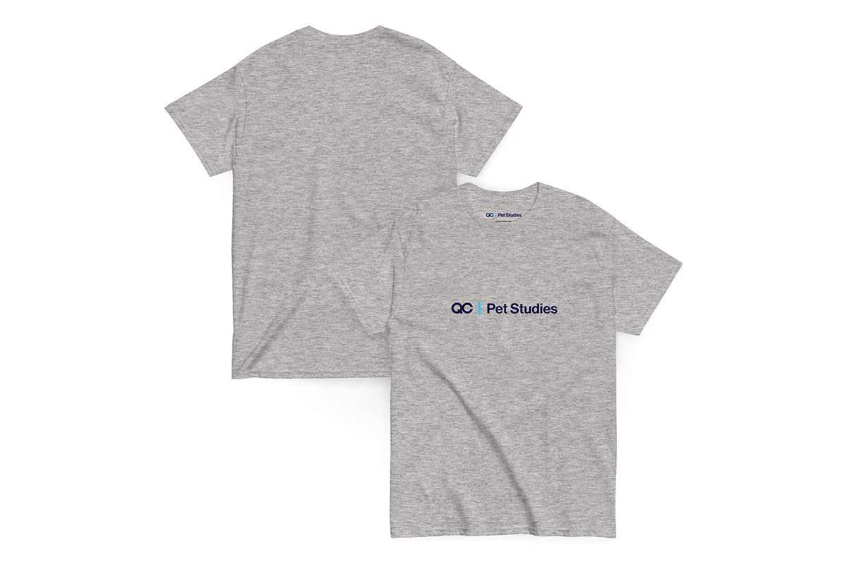 Gray t-shirt with 'QC Pet Studies' logo on a white background