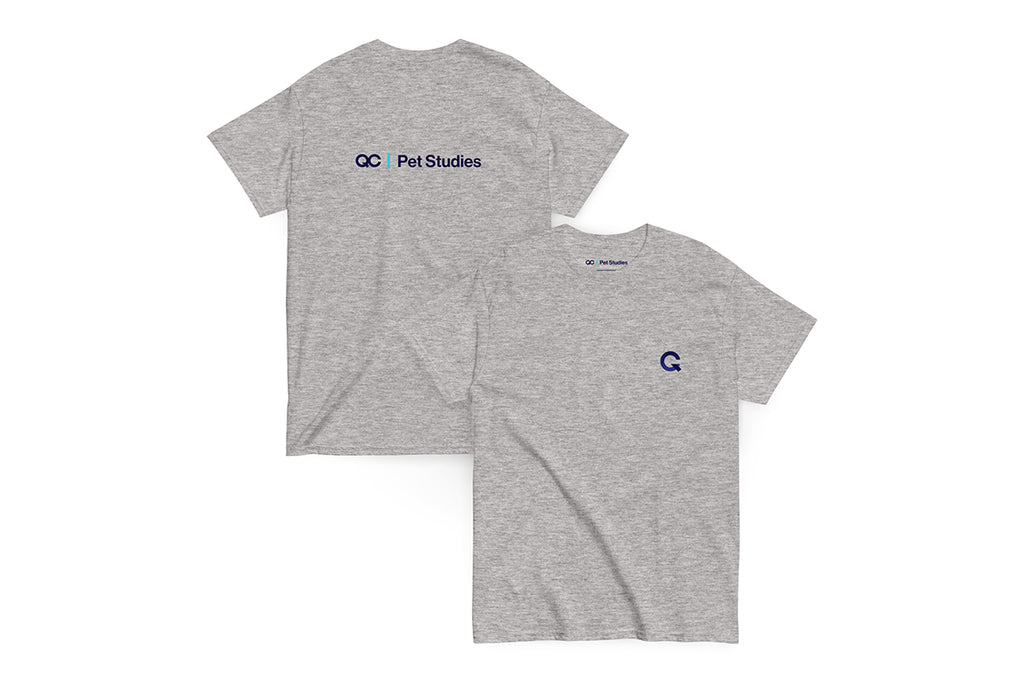 Dark Gray t-shirt with 'QC Pet Studies' logo on the back, Q on the front