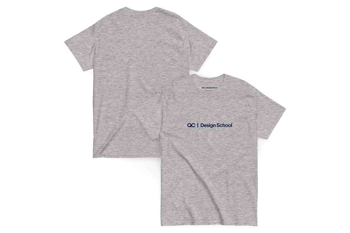 Gray t-shirt with 'QC Design School' logo on a white background