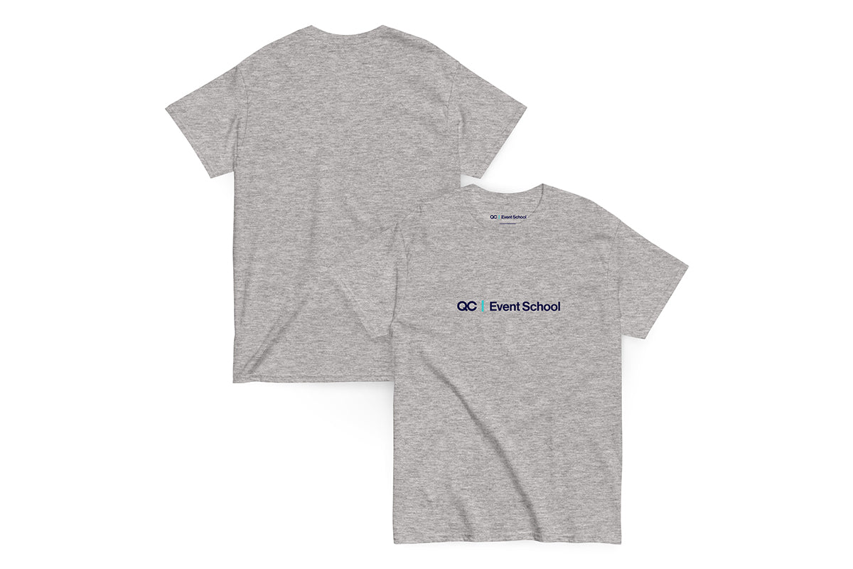 Gray t-shirt with 'QC Event School' logo on a white background