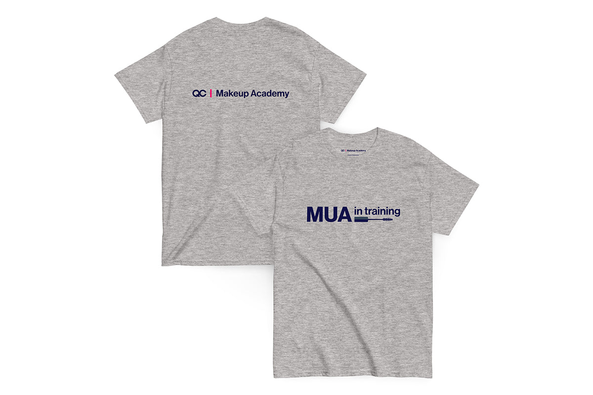 Back and front of gray t-shirt. Back reads "QC Makeup Academy", front reads "MUA in Training"