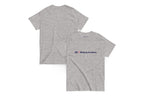 Back and front of Gray t-shirt with 'QI Makeup Academy' logo on a white background