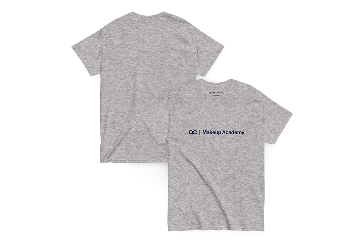 Back and front of Gray t-shirt with 'QI Makeup Academy' logo on a white background