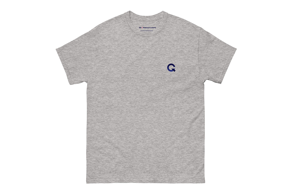 Gray t-shirt with a small Q logo on a white background