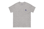 Gray t-shirt with a small Q logo on a white background