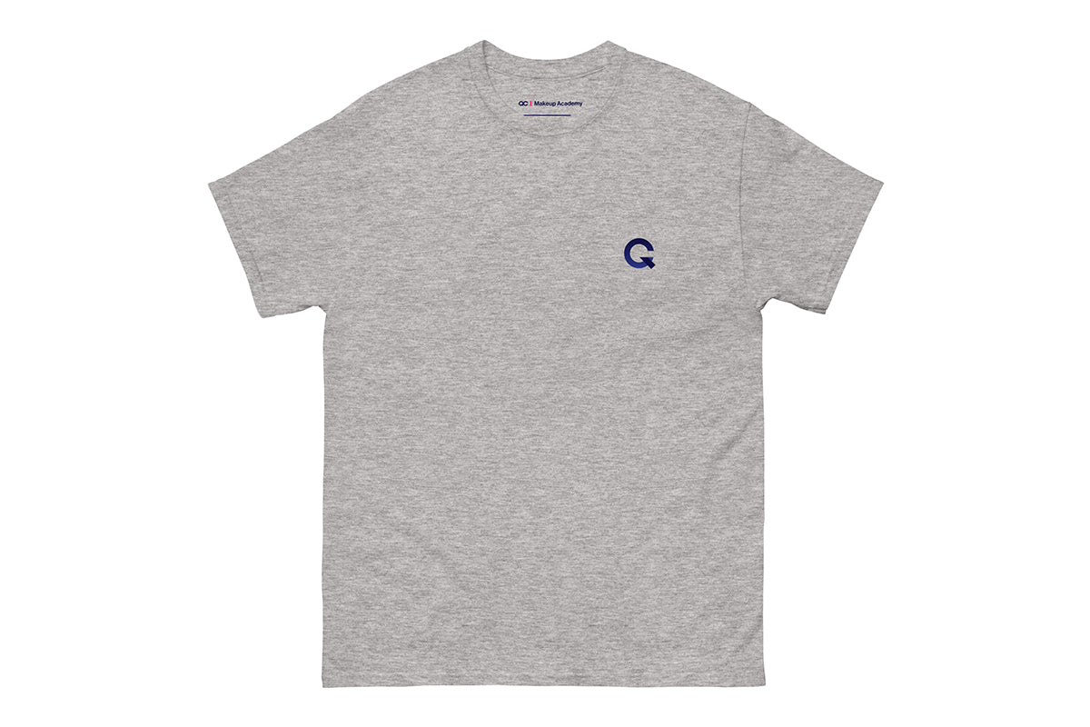 Gray t-shirt with a small Q logo on a white background