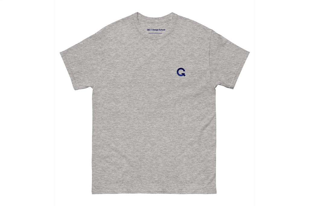 Gray t-shirt with a Q logo on the chest against a white background