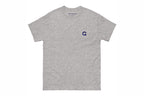Gray t-shirt with a Q logo on the chest against a white background
