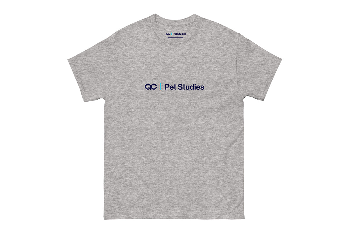 Gray t-shirt with 'QC Pet Studies' logo on a white background