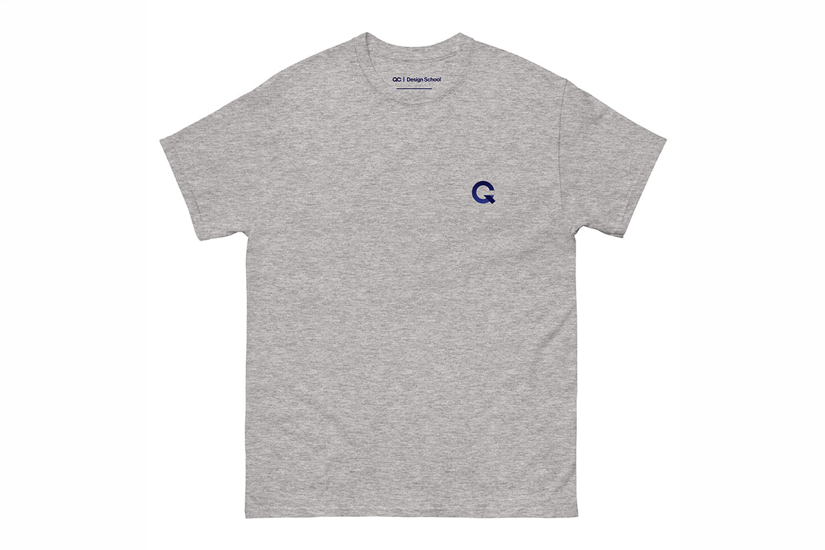 Gray t-shirt with a Q logo on the chest against a white background