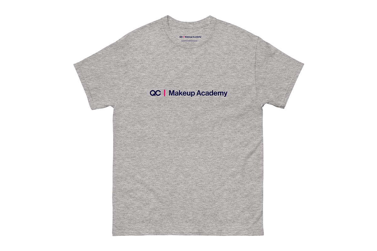 Gray t-shirt with 'QC Makeup Academy' text on a white background