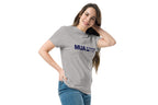 Woman wearing a gray t-shirt with 'MUA in training' text on a white background