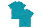 Blue t-shirt with 'QC Event School' text on a white background