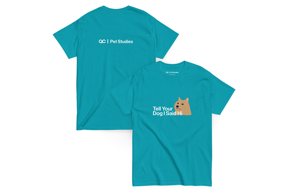 Teal t-shirt with text that reads "Tell Your Dog I Said Hi" and a dog graphic on a white background