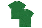 Green t-shirt with 'QC Pet Studies' text on a white background
