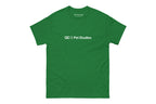 Green t-shirt with 'QC Pet Studies' text on a white background