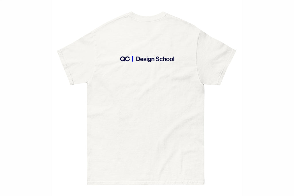 White t-shirt back with 'QC Design School' logo on a white background