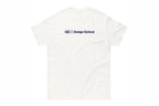 White t-shirt back with 'QC Design School' logo on a white background