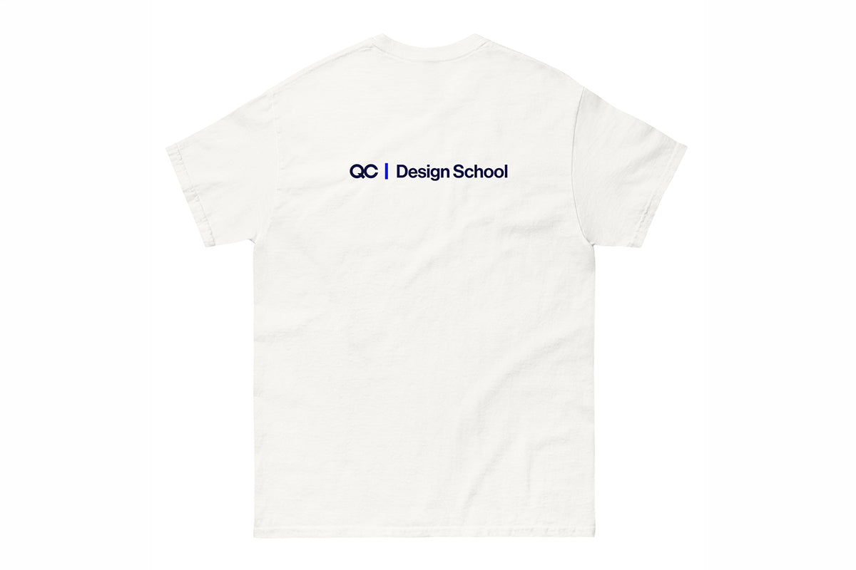 White t-shirt back with 'QC Design School' logo on a white background
