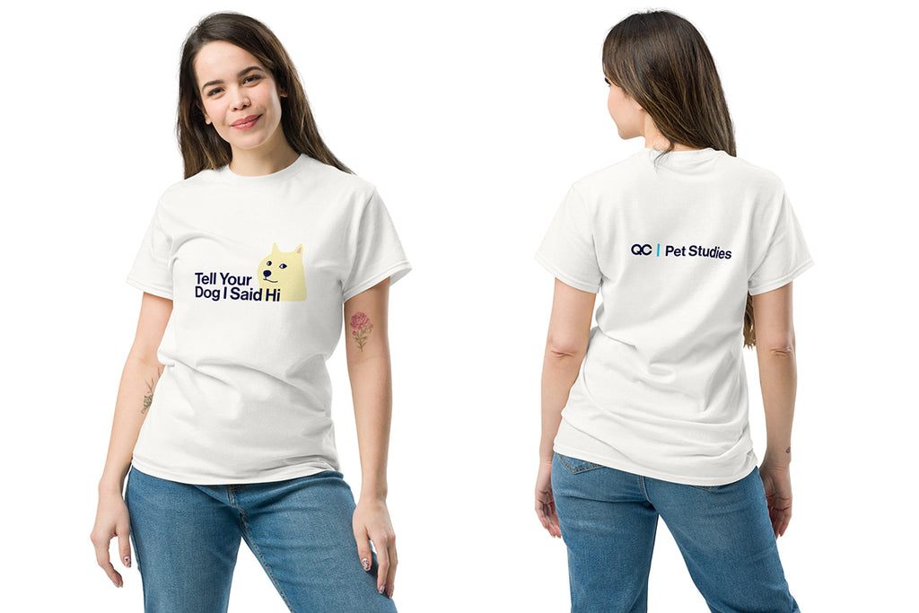 Person wearing a white t-shirt with text and a QC Pet Studies logo, showing front and back views.