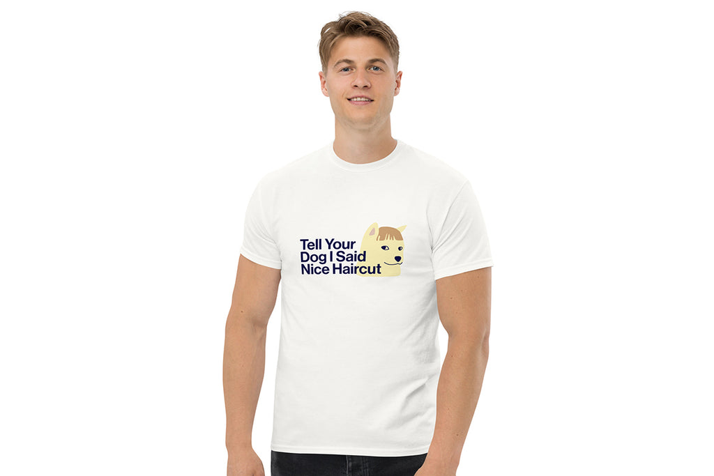 Person wearing a white t-shirt with a graphic and text on a white background