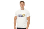 Person wearing a white t-shirt with a graphic and text on a white background