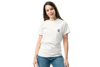 Woman wearing a white t-shirt with a Q logo on a white background