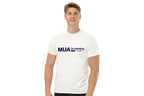 Person wearing a white t-shirt with 'MUA in training' text on a white background