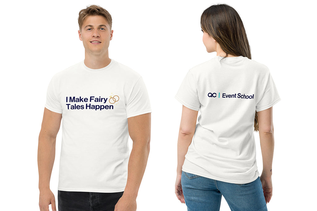 Two people wearing white t-shirts with QC Event School text on a white background