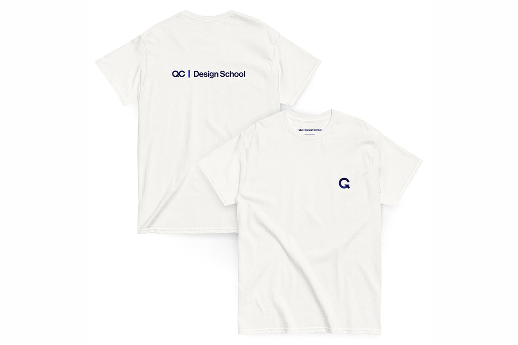 Two white shirts, front and back with QC Design School logos on a white background