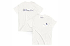Two white shirts, front and back with QC Design School logos on a white background
