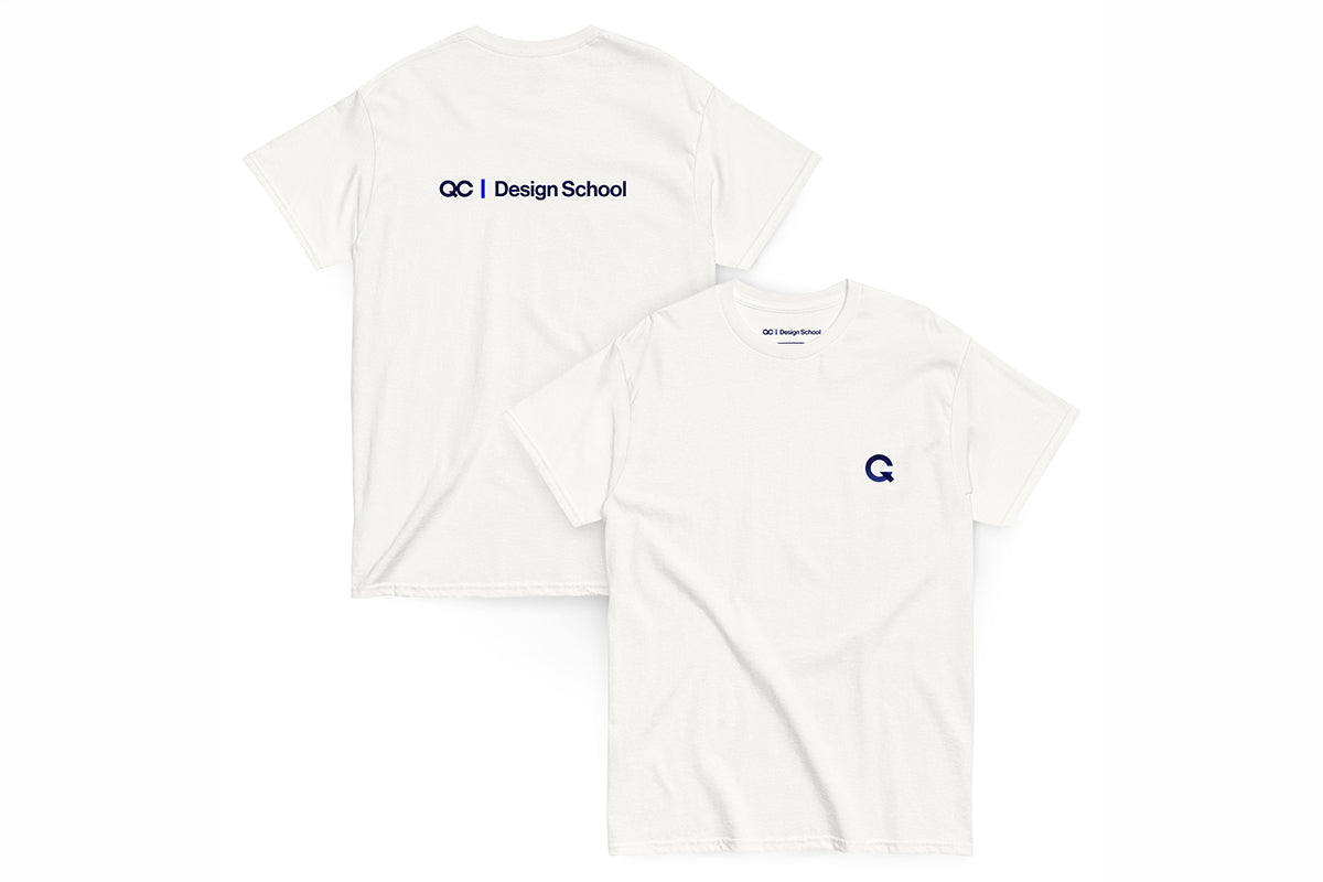 Two white shirts, front and back with QC Design School logos on a white background