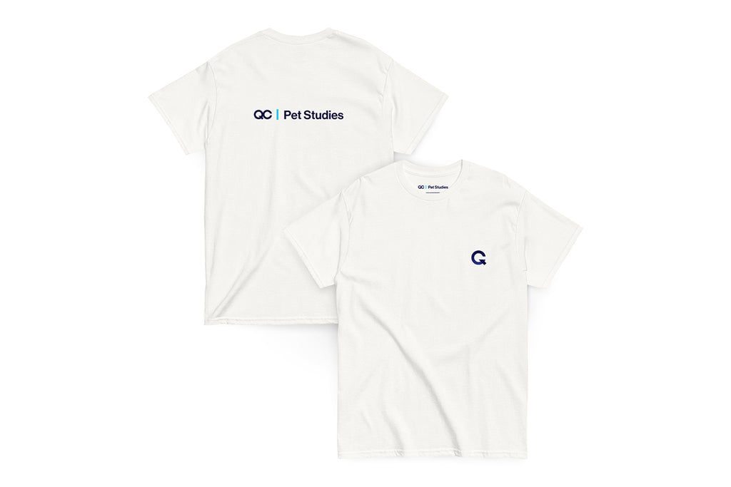 White t-shirt with 'QC Pet Studies' logo on the back, Q on the front