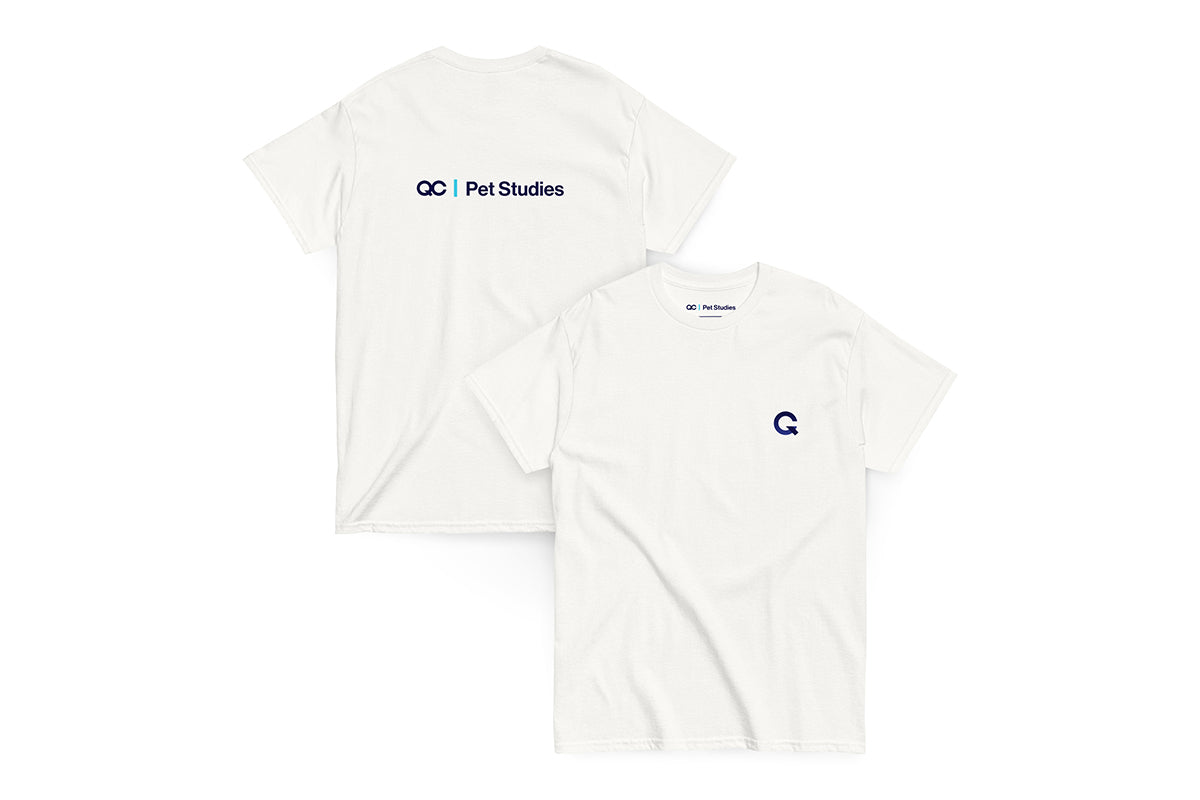 White t-shirt with 'QC Pet Studies' logo on the back, Q on the front