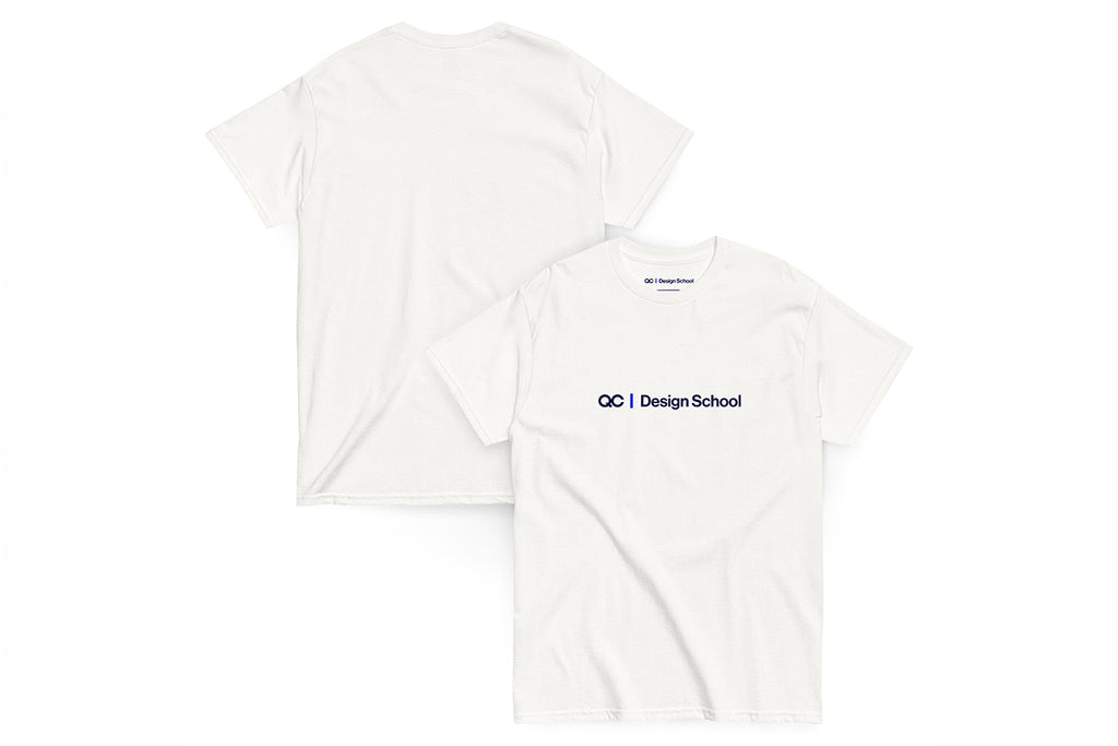 White t-shirt with 'QC Design School' logo on a white background