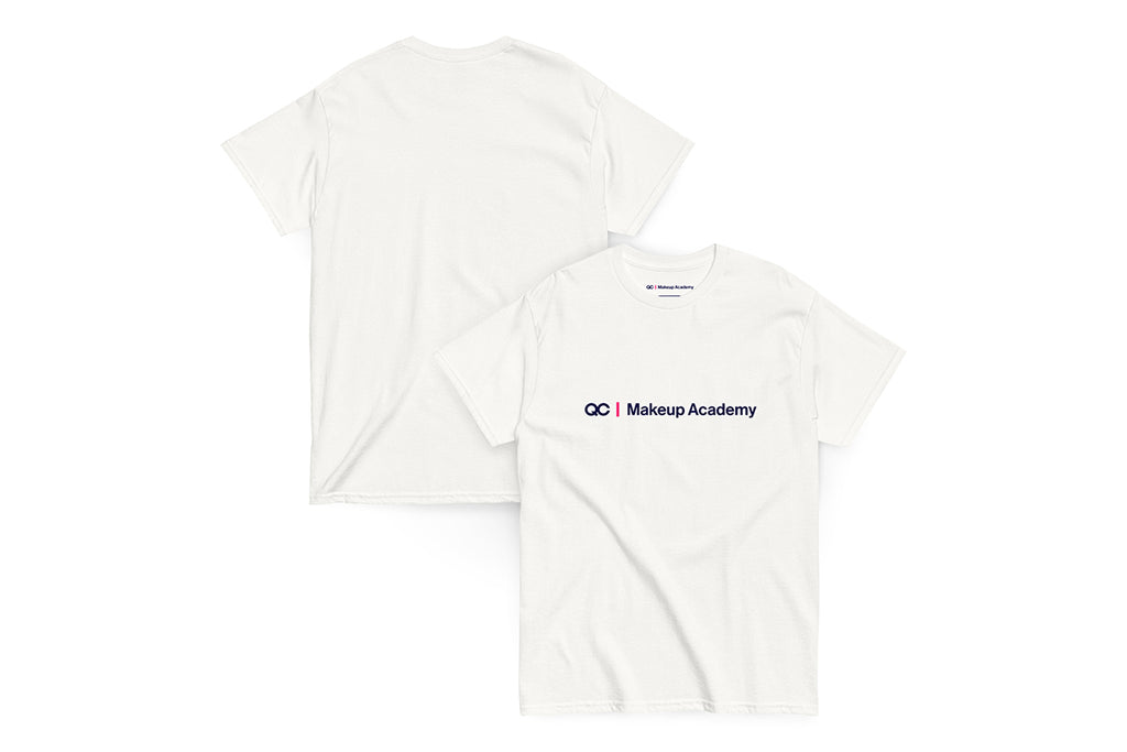 Back and front of white t-shirt with 'QC Makeup Academy' logo on a white background
