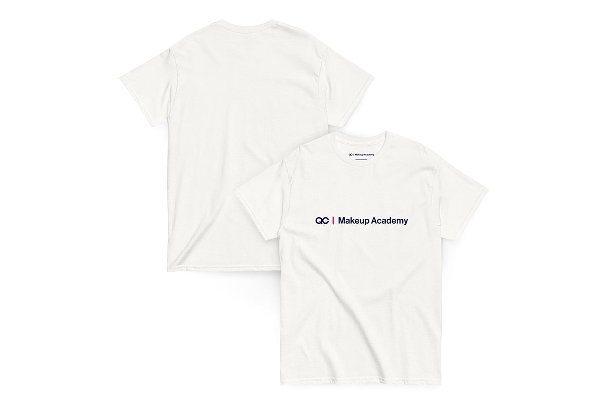 Back and front of white t-shirt with 'QC Makeup Academy' logo on a white background