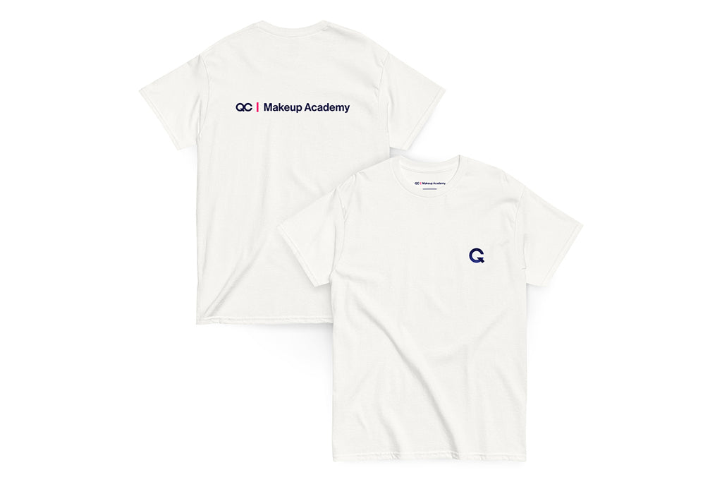 Back and front of white t shirt. Back reads "QC Makeup Academy", front features Q logo.