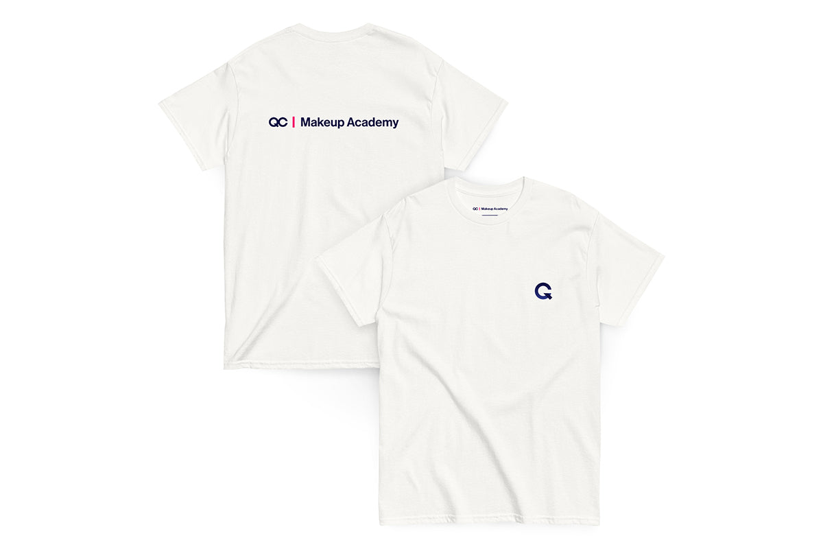 Back and front of white t shirt. Back reads "QC Makeup Academy", front features Q logo.