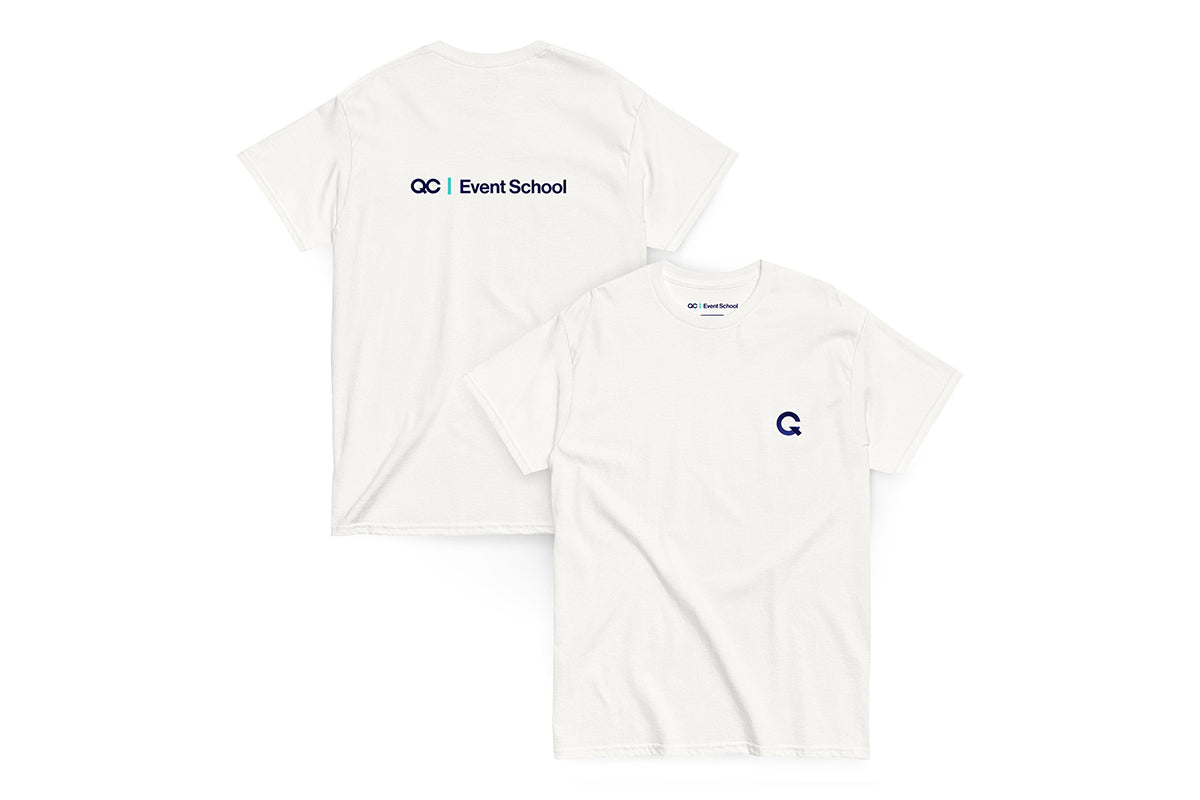 Back and front of a white t-shirt. Back reads "QC Event School" and front features Q logo.
