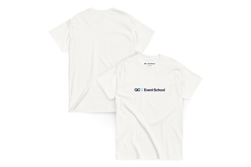 White t-shirt with 'QC Event School' logo on a white background