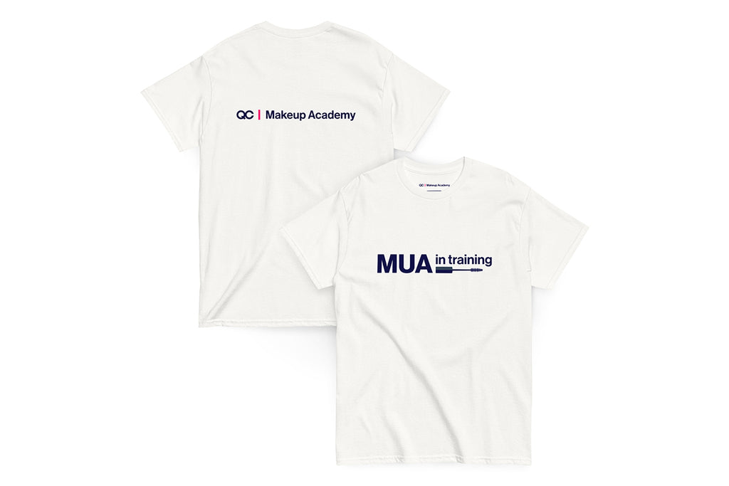 Back and front of white t-shirt. Back reads "QC Makeup Academy", front reads "MUA in Training"