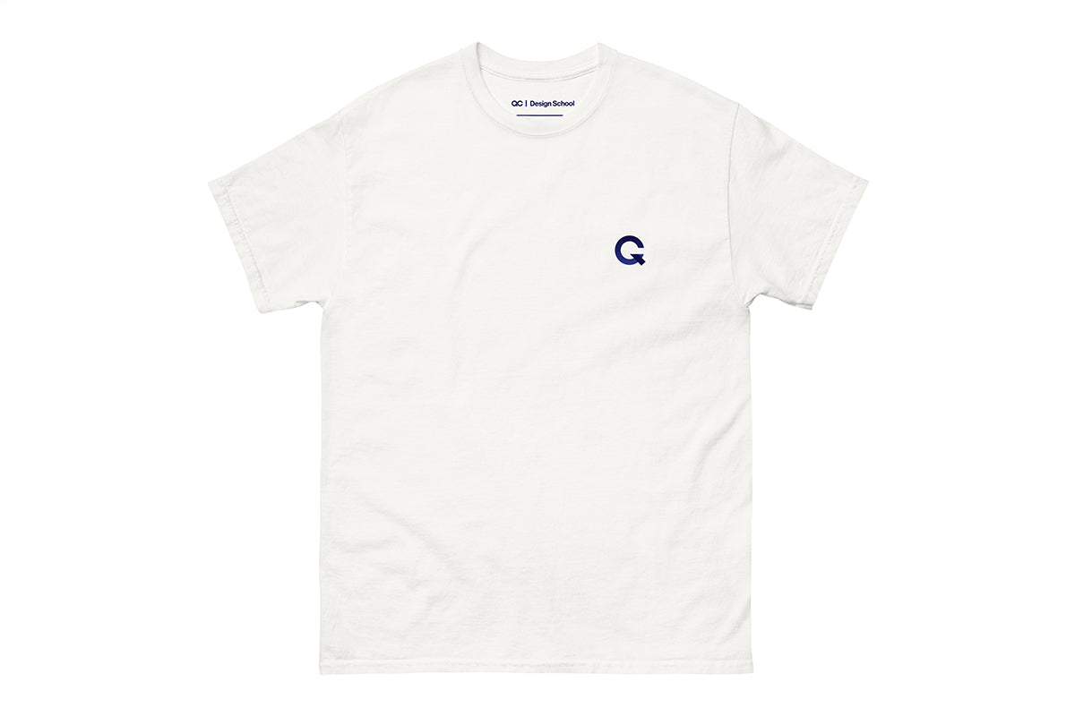 White t-shirt with a small Q logo on a white background