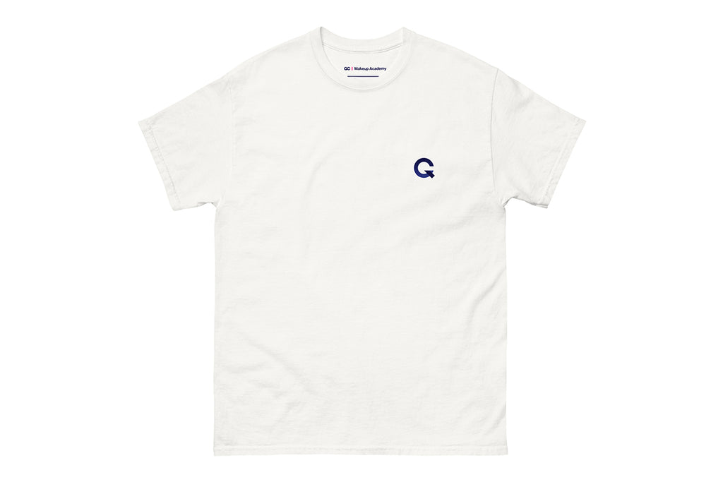 White t-shirt with a small Q logo on a white background